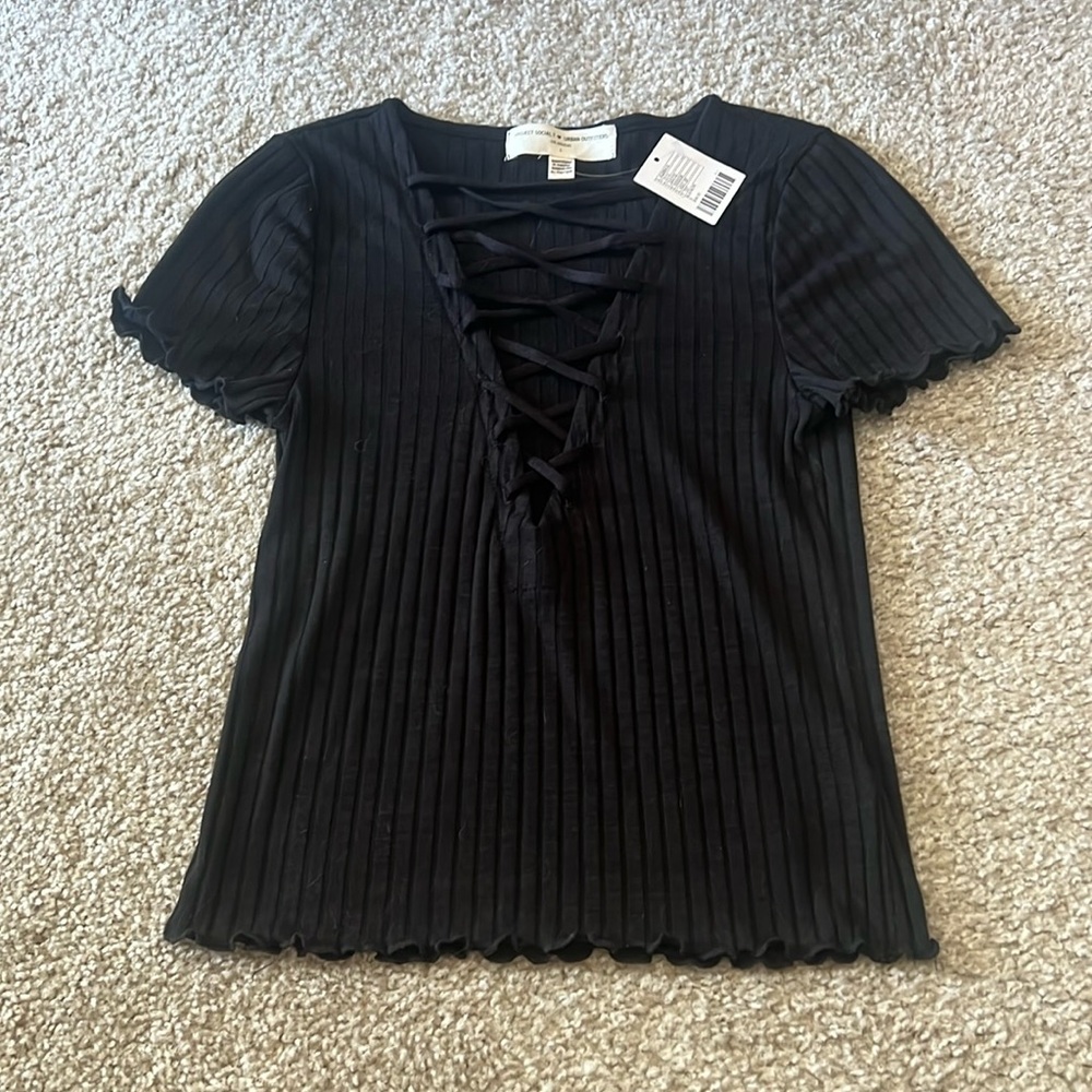 NWT: Urban outfitters project social t; black ribbed texture lace up front tee